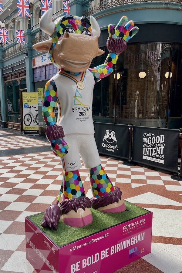 An anthropomorphic patchwork bull statue commemorating the Commonwealth Games