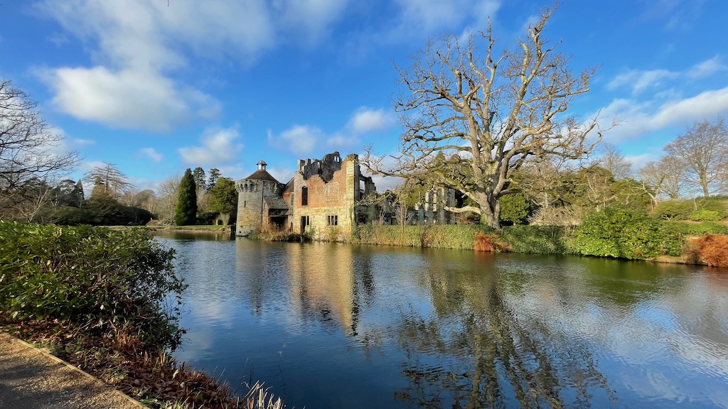 A colour photograph of a ruined castle from across a moat. A large tree with no leaves stands to the right of the castle.